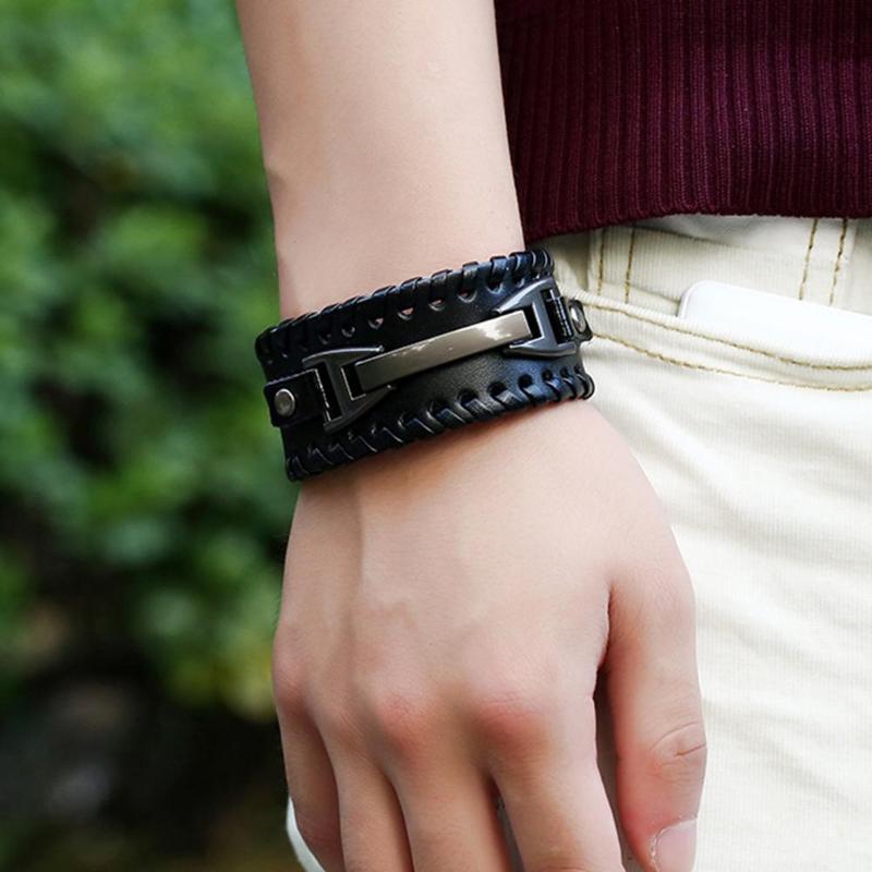

Fashion Punk Men Woven Faux Leather Wide Cuff Adjustable Bracelet Wristband Bangle Jewelry Gift Vintage Unisex Bracelet for woma