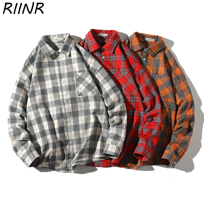 

Riinr Spring 2020 New Men's Large Size Three-Color Plaid Long-Sleeved Shirt Lapel Urban Men's Clothing, Red