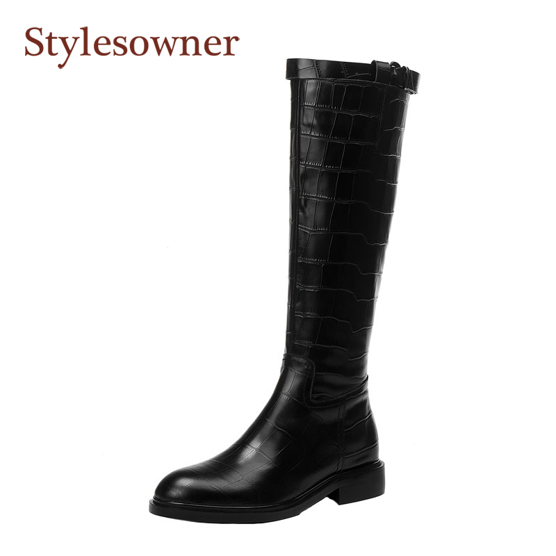 

New Belt Buckle Knight Boots Round Toe Thick Heel Knee-Length Boots Crocodile Genuine Leather Flat High-Top Riding Women, Black