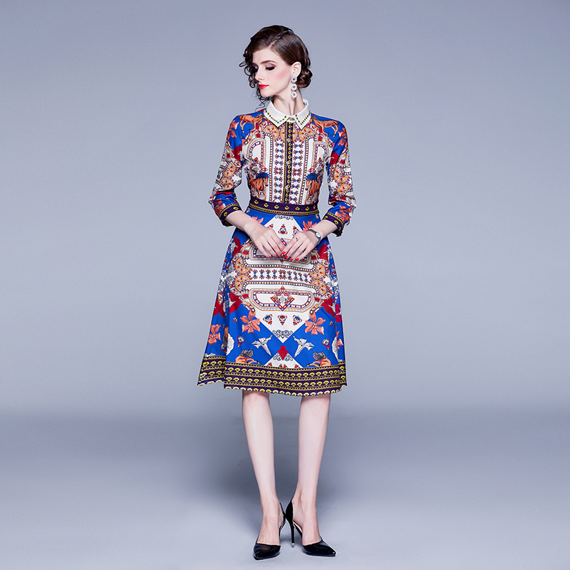 

Autumn Fashion Runway Dress Women's Three Quarter Sleeve Turn-Down Collar Luxury Floral Print High Waist Vintage Midi Dress, Picture color