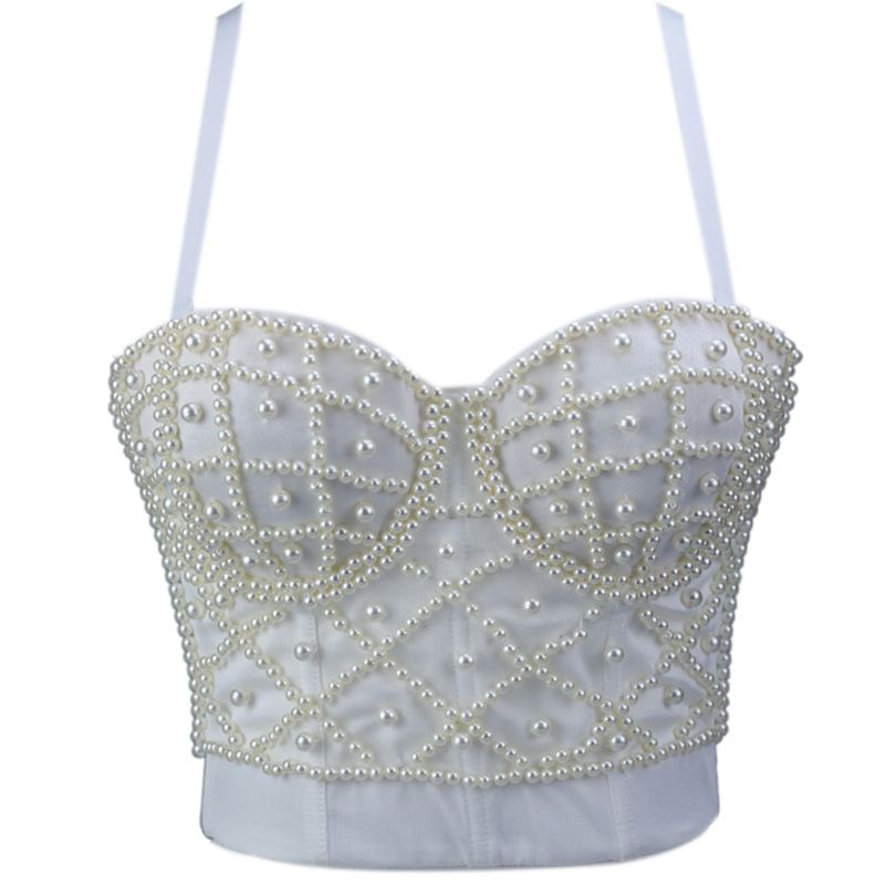 

Women Sleeveless Crop Top Sexy Pearl Beaded Bustier Push Up Corset Club Bralette
