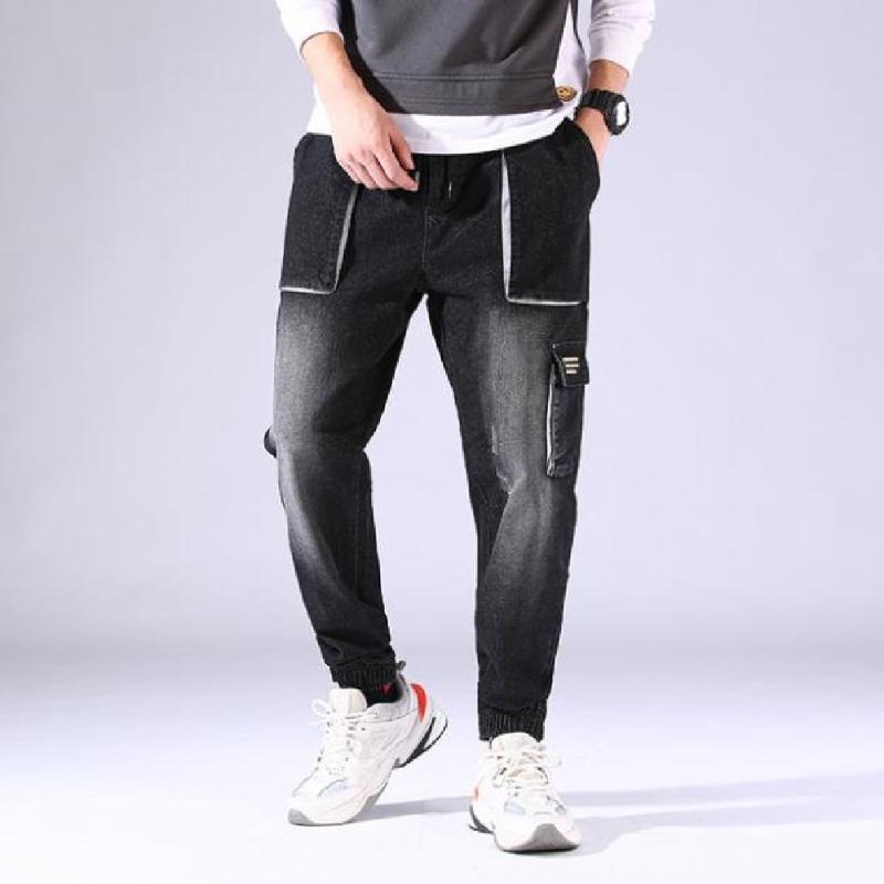

Men' jeans summer Korean Version Harun small pants baggy plus fat plus men' fashion white multi-pocket handsome stretch jeans, Black