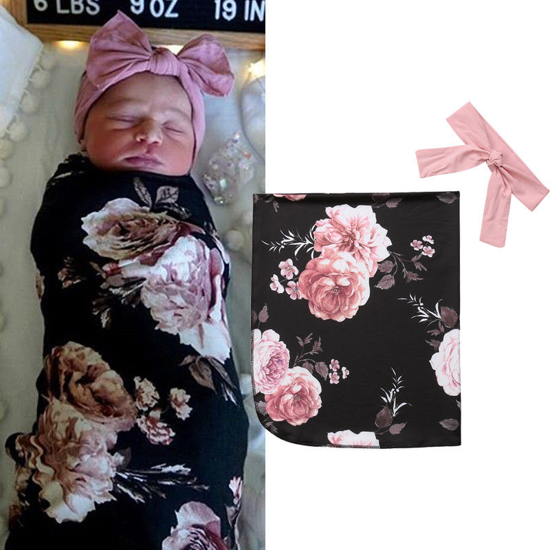 

Blankets Newborn Baby Girl Clothes New Floral Muslin Wrap Sleeping Bag+Headbands Baby Blanket Cotton Sleep Wear Infant Wrap, As photo shows