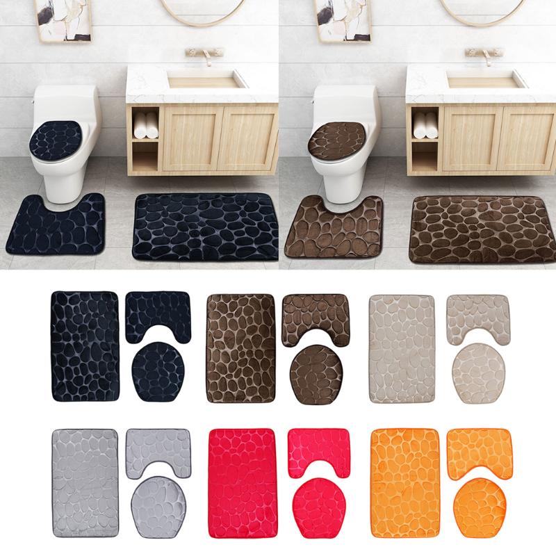 

3Pcs Non-slip Bathroom Mat Set Bath Mat Contour Rug Closestool Lid Cover for Home Bathroom Hotel, Orange