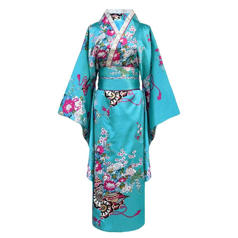 

Onesize Female Japanese Kimono Bathrobe Gown V-neck Satin Evening Party Prom Gown Vintage Cosplay Costume Full Sleeve
