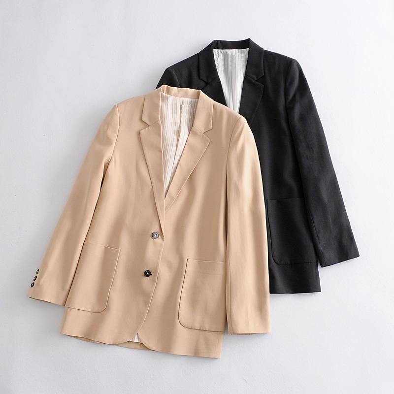 

Autumn and spring women's suit casual solid color Single-breasted pocket decorative suit beige black Blazers and Jackets brand, 1715r beige