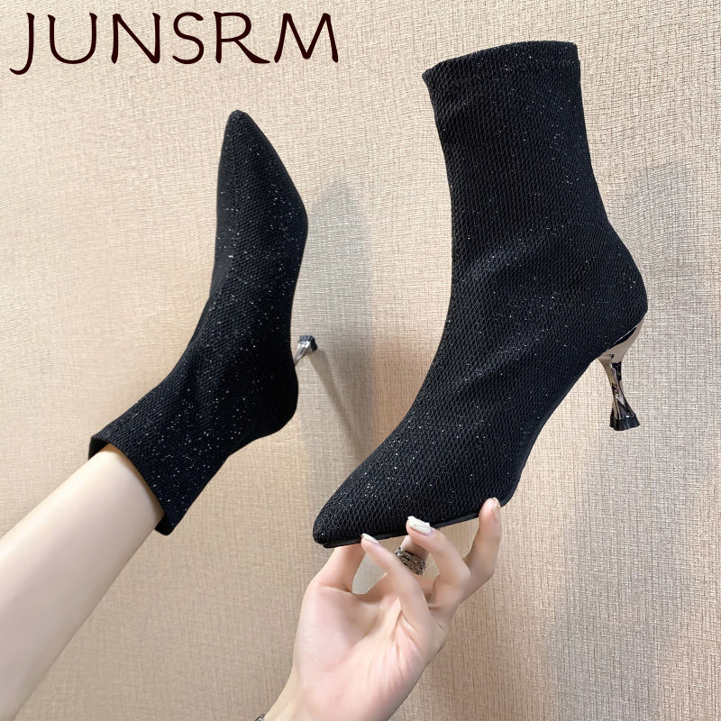 

JUNSRM New Fashion Women Shoes Pointed Toe Stilettos Heels Sexy Female Ladies Boots Mature silver leopard stretch Lady Boots 40, Black