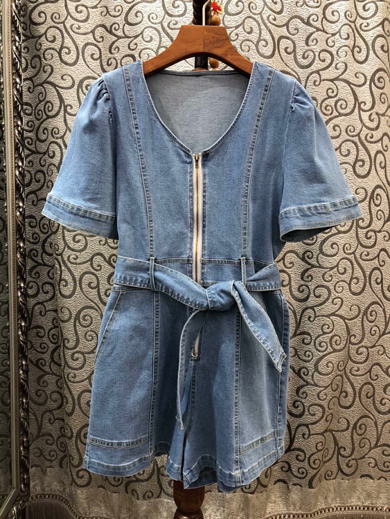 

2020 Summer and Autumn New Women' Street Knotted Waist Hugging Zip Denim Jumpsuit 0626, Blue