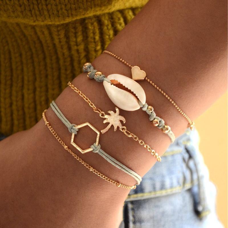 

Cross-border hand jewelry wholesale shell love coconut tree knot weaving rope alloy bracelet