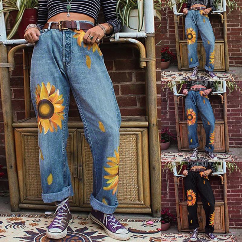 

Women Casual Slim Jeans Mid Waist Sunflowers Slim Pants Length Jeans, Black