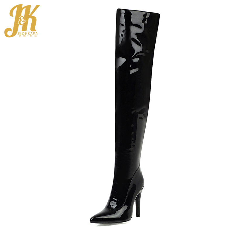 

JK Sexy Patent leather Women Long Boots Pointed Toe Thin Heel High Shoes Fashion Casual Boots Simple Zipper Over The Knee, Red