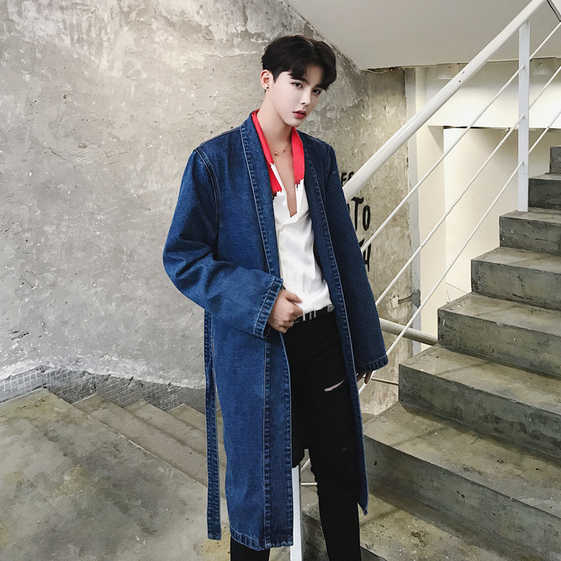 

Autumn and winter wide version of the long denim jacket south Korean cowboy windbreaker, Black