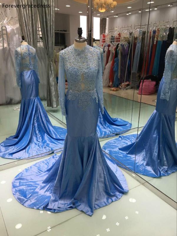 

Real Pictures Blue Colour Prom Dress Long Sleeves Lace Party Gown Custom Made Plus Size, Black