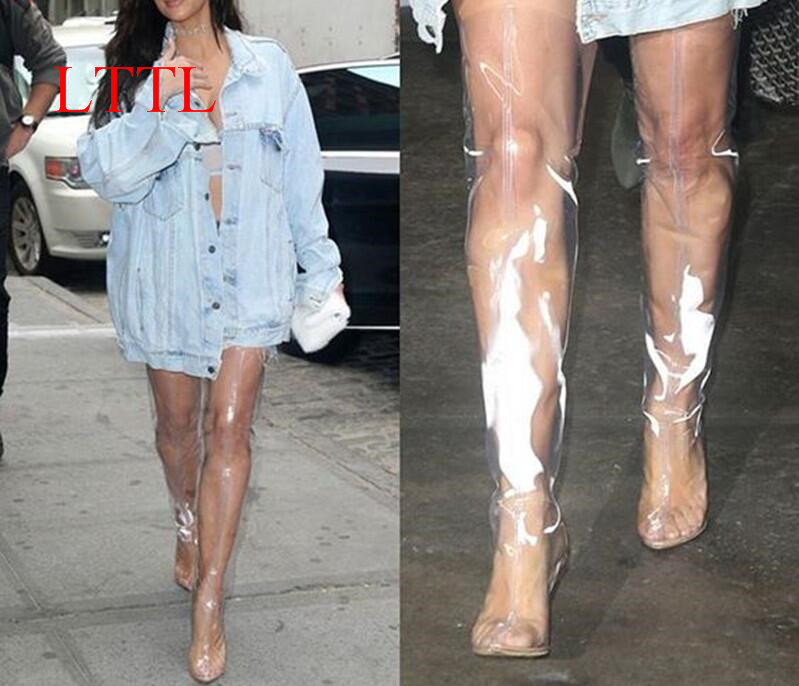 

LTTL 2020 Clear PVC Transparent Pointed Toe Women Boots Perspex High Heels Thigh High Boots Celebrity Shoes, Ankle