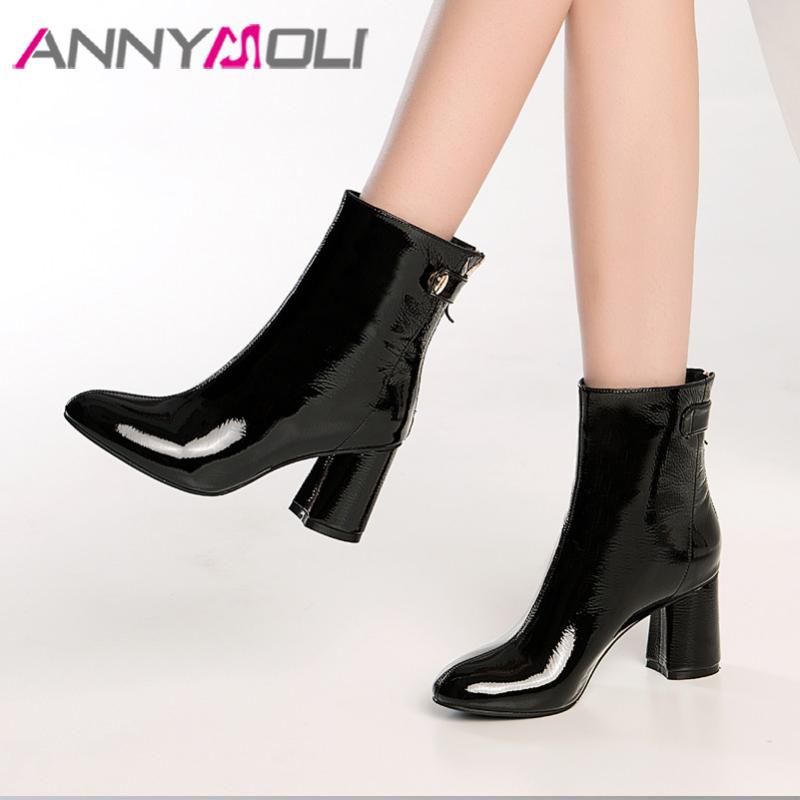 

ANNYMOLI Winter Ankle Boots Women Genuine Leather Chunky High Heel Short Boots Cow Patent Leather Zipper Shoes Female Size 34-39, Black synthetic lini