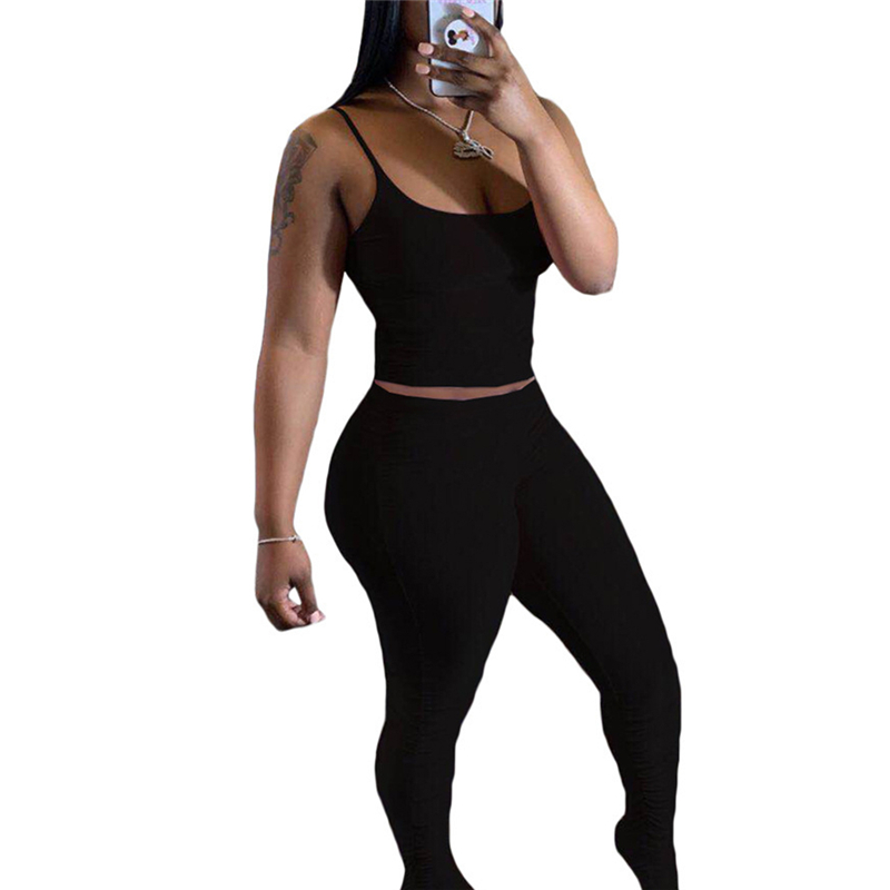 

2020 Fashion Women 2PCs Tracksuits Vest Crop Top Leggings Sportswear Sexy Low-cut Simple Solid Color Summer Jogging Outfits, Black