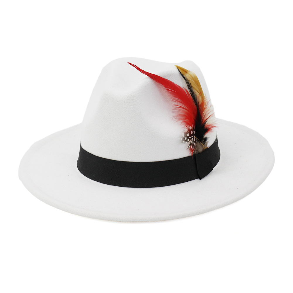 

Artificial Wool Fedora Hats Women Men Felt Vintage Style with Feather Band White Hat Flat Brim Top Jazz Panama Cap QBHAT