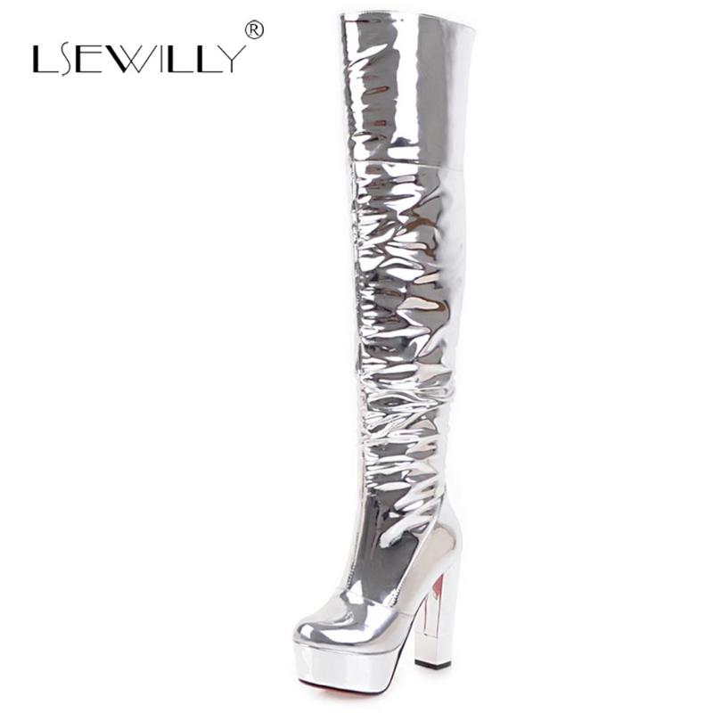 

Lsewilly Fashion Ladies Over the Knee Boots Patent Leather Silver Platform Stiletto Thigh High Heels Footwear Winter Bar S779