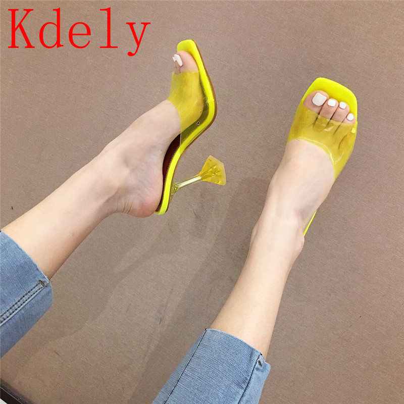 

Women Sandals Celebrity Wearing Simple Style PVC Clear Strappy High Heels Woman Transparent Heels Yellow Women Shoes