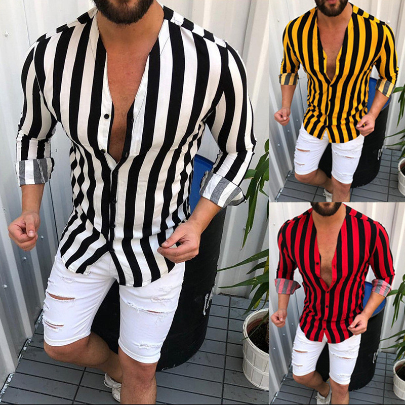 

European and American black and white stripes red yellow casual fashion gentleman button long-sleeved shirt for men summer tops