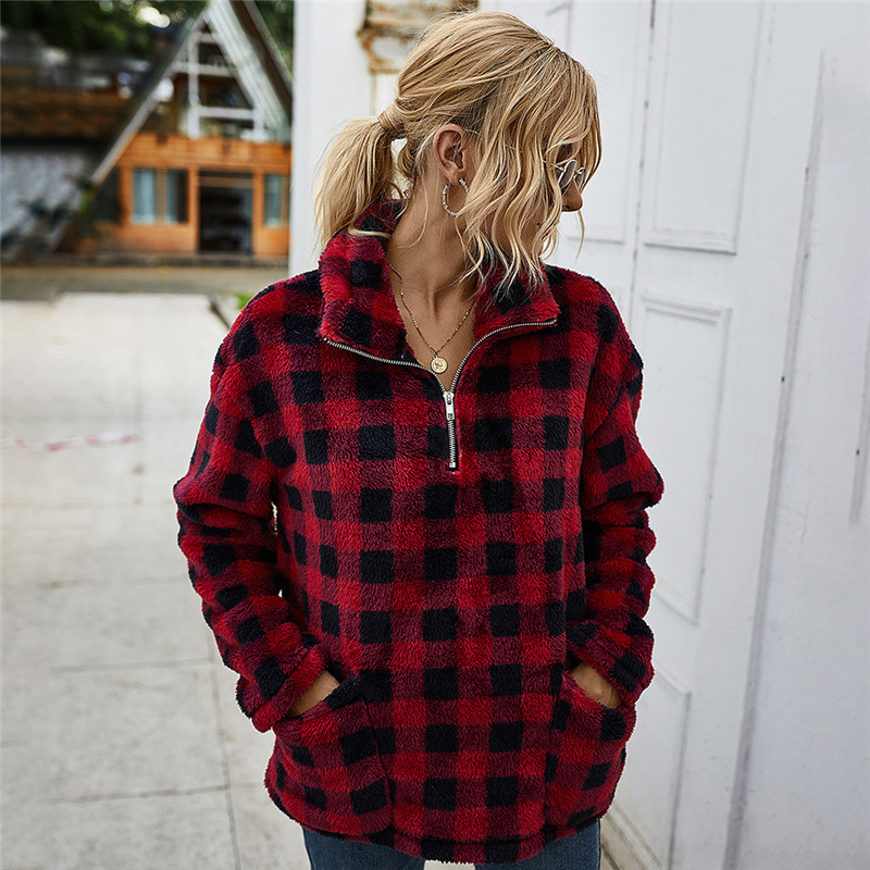 

Autumn winter coat women 2020 Plaid loose Pockets Zipper Pullover long sleeve oversize casual female sweatshirt thick Lady tops, Gray
