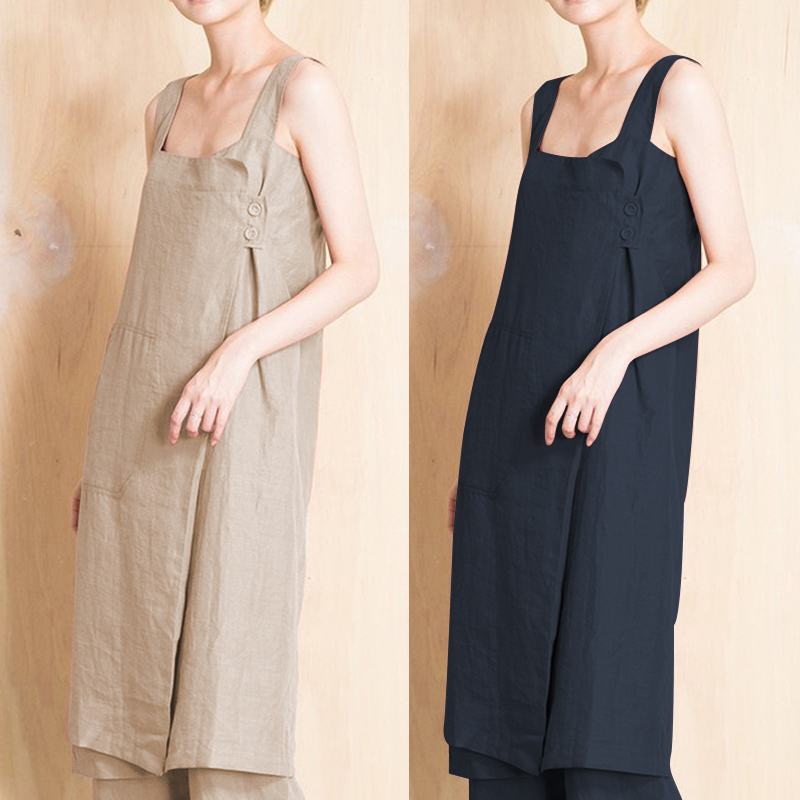 

Celmia Plus Size Sundress Women Spaghetti Strap Dress Casual Sexy Sleeveless Bib Overalls Midi Dresses Linen Vestidos Femme 2020, Khaki