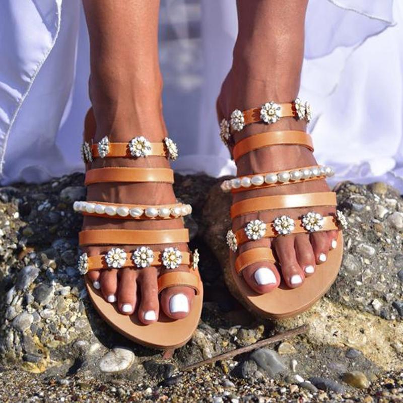 

Women Beach Slippers vintage pearl flower Slippers for Women Summer Slip On Flat Shoes Woman Open Peep Toe Shoes Slides #0729, Bw