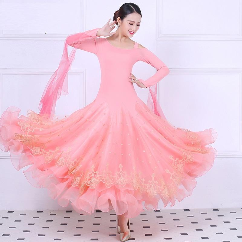 

New Women Ballroom Dance Competition Standard Dress Dance Costumes Swing Dancing Long Waltz Dress Tango Clothing, Pink