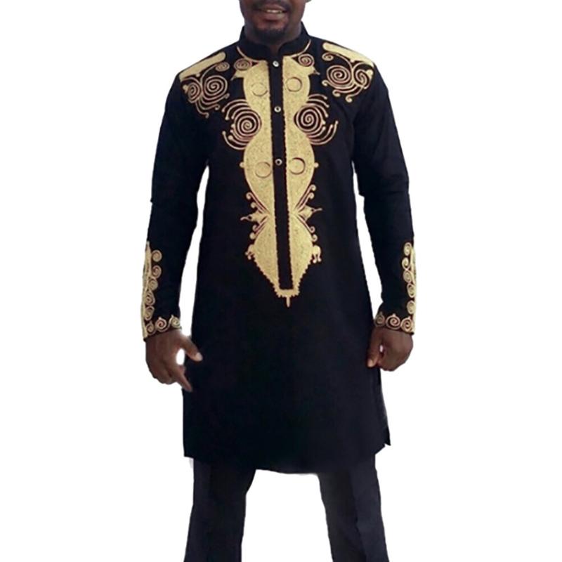 

African Men's Clothes Set Suit Autumn Winter Luxury Print Long Sleeve Dashiki Shirt Pants Mens Clothing Suit Sets Ropa Hombre, Black