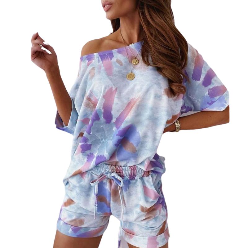 

Women' Tie-Dye Print Outfit Casual Loose Short Sleeve T-Shirts + Drawstring Shorts Set, As pic