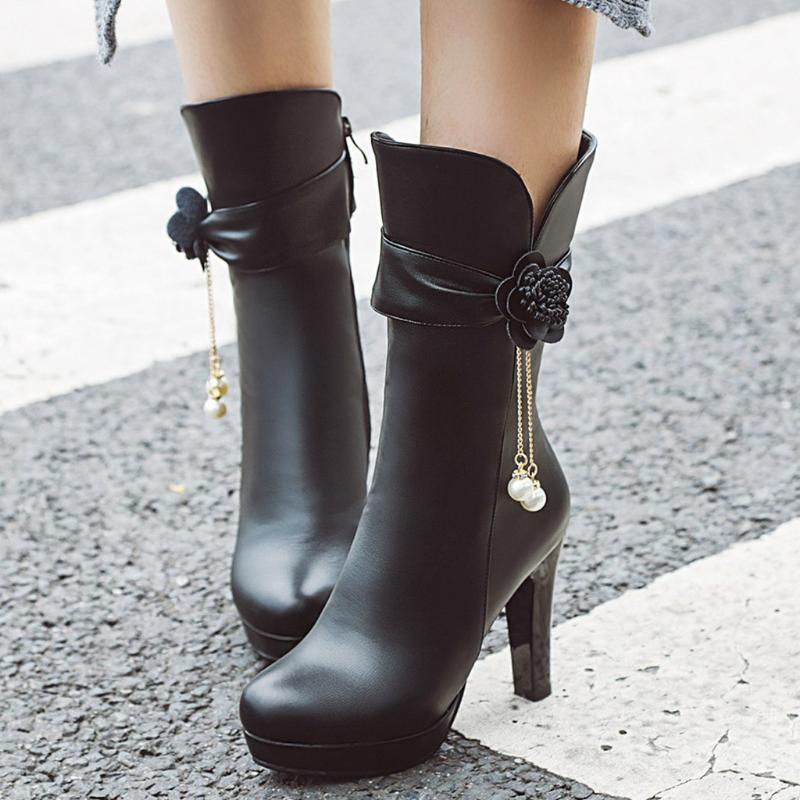 

Ladies boots Sexy Mid-Calf Booties Winter keep Warm High Heel Flower Pearl platform Boots Women's Thick Heel Shoes Plus size 43, Black
