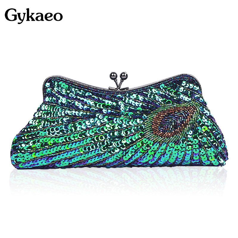 

Gykaeo Peacock Green Beaded Dinner Evening Clutch Bag Ladies Fashion Sequins Shoulder Bags for Women Chains Frame Crossbody Bag, Black