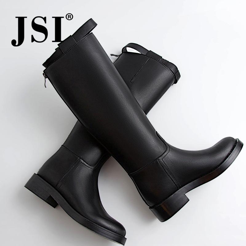 

JSI Women Boots Winter Knee-High Round Toe Ladies Shoes Zip Square Heel Med Heel Solid Genuine Leather Buckle Women Boots jo305, Black