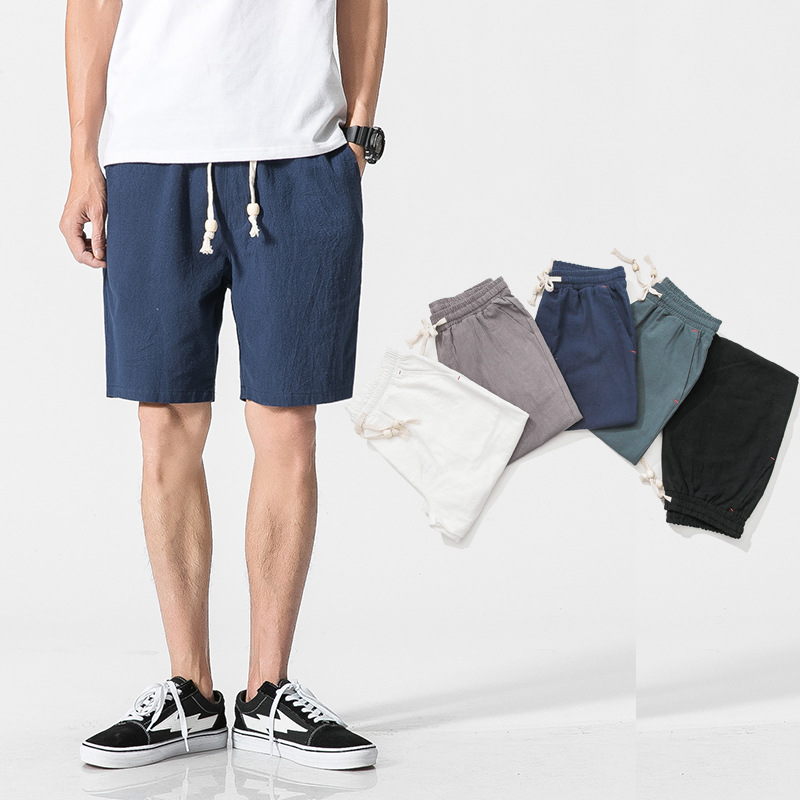 

Chinese-style Cotton Linen Shorts Men's Casual Pants Shorts Linen Fabric Loose-Fit Beach, Blue