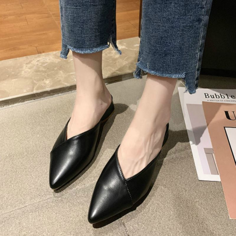 

Summer New Baotou Semi-drag Sandals Women Fashion Wear Pointed Toe Thick Heel Shoes Wild Low Heel Net Red Sandals and Slippers, Beige