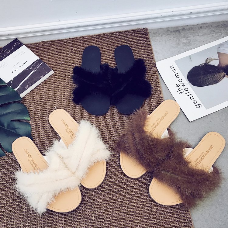 

Flat Flat With Fluffy Fur Slippers Women Open Toe Outside Cross-tied Ladies Slides Concise Elegant Sexy Solid Winter Shoes, Beige