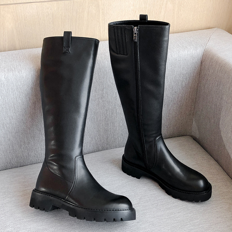 

SKLFGXZY Winter New style Genuine leather Knee high boots Women boots Motorcycle outdoor warm Real cowhide Women shoes, Black