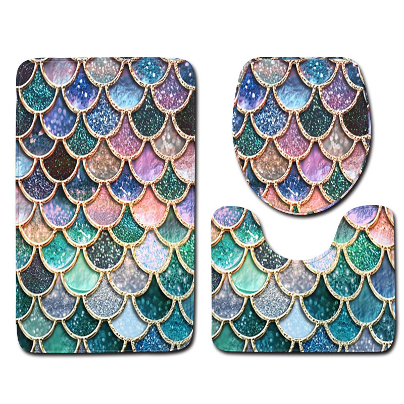 

3Pcs/set Microfiber Bath Mats Set Fish Scale Print Pedestal Rug Toilet Mat Lid Cover Anti-slip Absorbent Bathroom Rug and Carpet