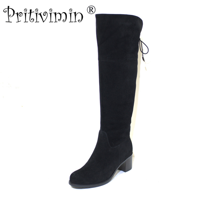

Pritivimin FN79 Ladies kide suede bottes femme winter women handmade warm real wool lined shoes girls over the knee high boots, Black