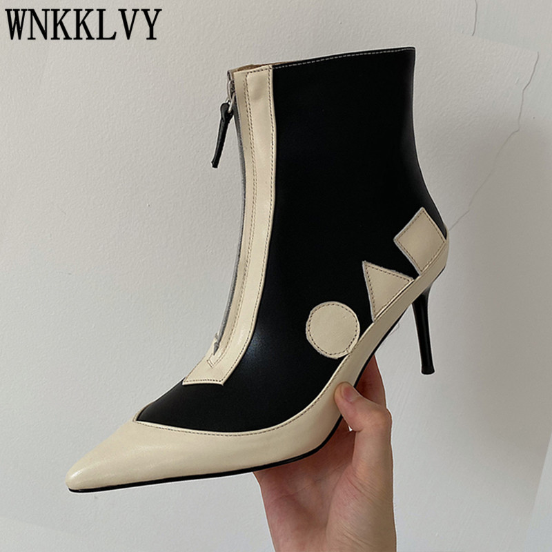 

Thin High Heels Ankle Boots women pointed toe geometric design mixed colors stilettos 2020 Autumn front zipper short boots, Black white