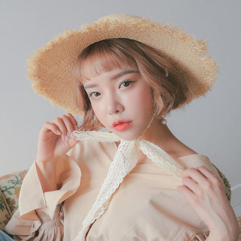 

Women Weave Straw Hat Beach Sunshade Headgear Lace Ribbon Large Brim Hat Newest 2020 Summer Women Holiday Straw Beach Hats, Khaki