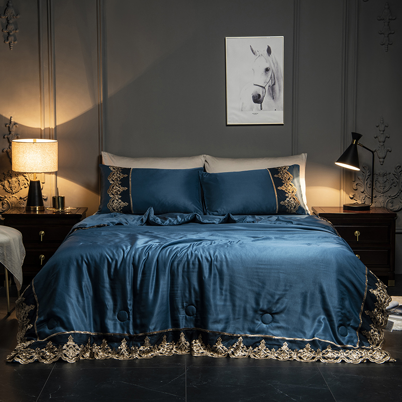 

Luxury European Summer comforter washed silk bed linen sheet pillowcase blue blanket full queen king size lace solid thin quilt, Yellow