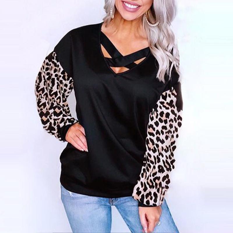 

New Fashion Casual Leopard Splicing Print V Neck Long Sleeve Loose T Shirt Tops Winter Autumn Warm Long Sleeves, Black