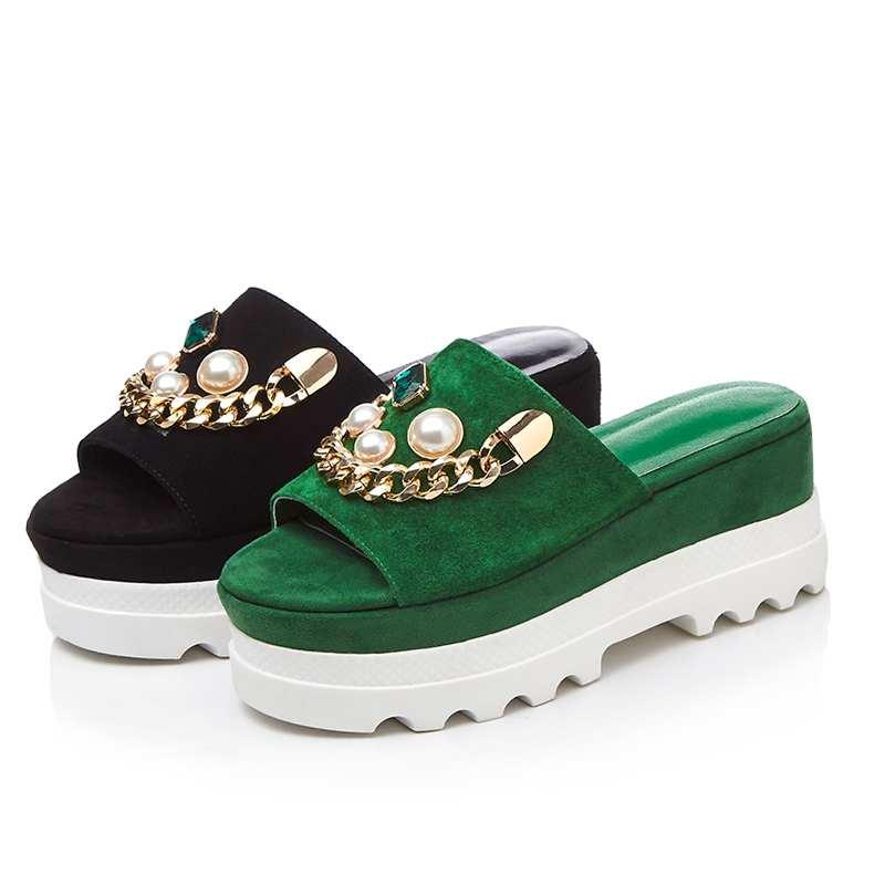 

YD-EVER new kid suede metal chains pearl crystal waterproof sandals women high heels slip on diamond luxury wedges mules L17-a, Black