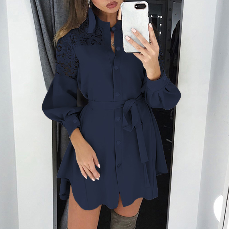 

Fashion Summer Shirt Dress Women' Lace Stiching Sundress ZANZEA 2020 Long Sleeve Mini Vestidos Female Tunic Robe Oversized 7, Beige