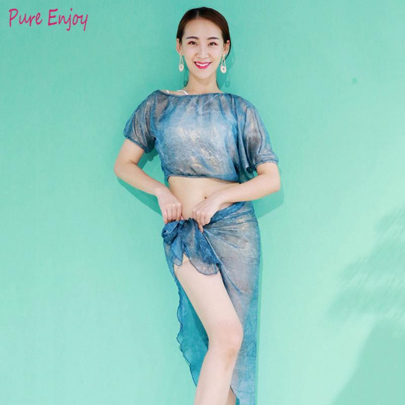 

Belly dance Costume Sexy Short Sleeves Tops+Beveled Skirt Suit For Women Girls Belly Dancing Set Practice wears, Sky blue