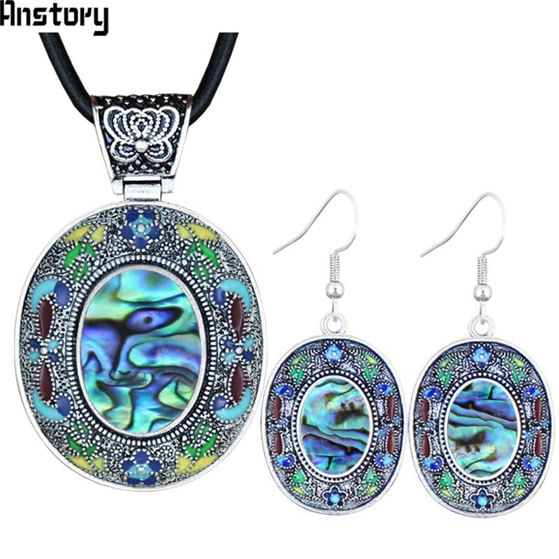 

Oval Shell Necklace Earrings Jewelry Set For Woman Hand Painting Craft Flower Plant Leather Chain Fashion Jewelry 492, As pic
