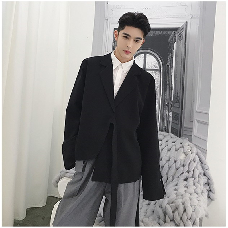 

Chiffon Irregular Blazer Suit For Men Casual Solid Loose Fashion Basic Blazers Mens Black White Trend Lace up Jackets DS50759