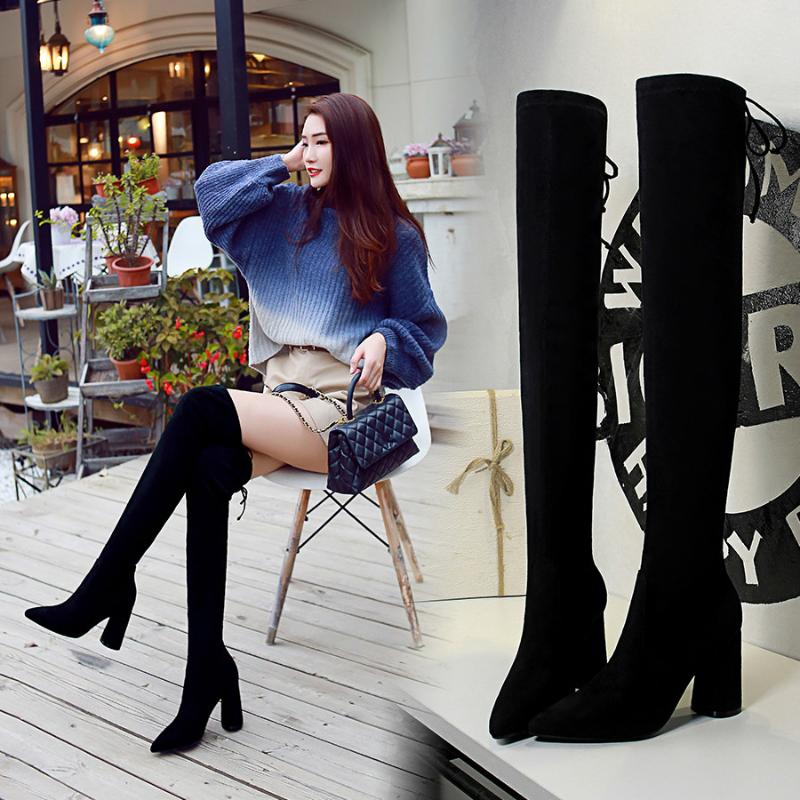 

Women Autumn Winter Flock Over-the-Knee Sock Boots Ladies Pointed Toe Long Thigh Thick High Heel Boots botas mujer Club Booties, Black