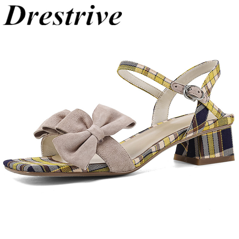 

Drestrive Women's Sandals Butterfly Knot Thick Heels 4 cm Mixed Colors Lattice Square Toe Buckle 2020 Summer Sweet Cow Suede, Blue